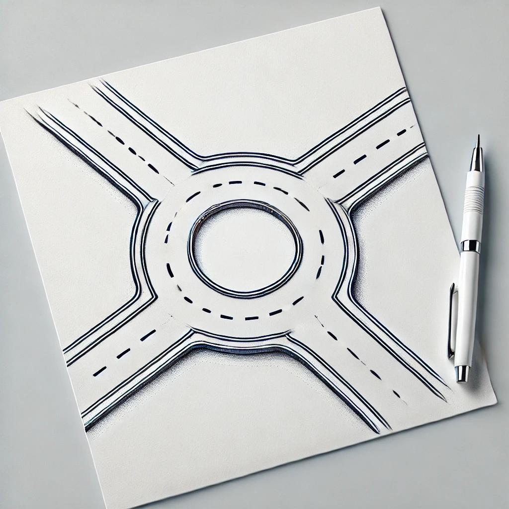 A roundabout sketched on paper beside a pen